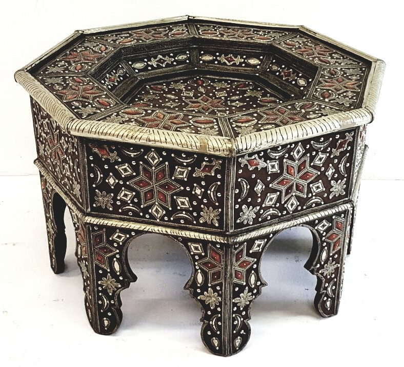 Vintage Moroccan Camel Bone Inlaid Table with Silver Accents