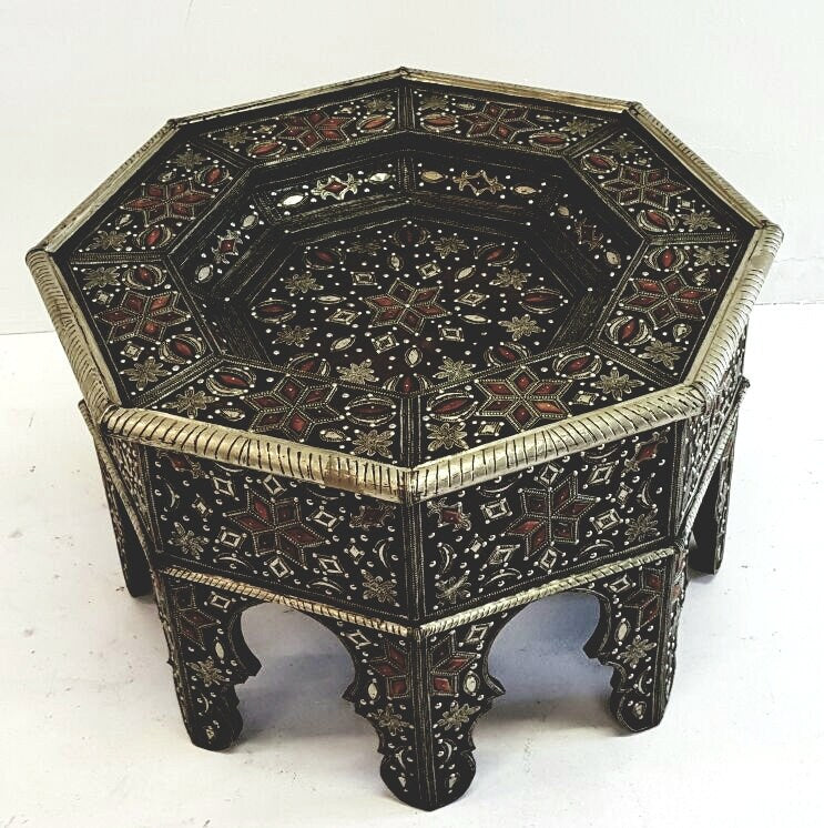 Vintage Moroccan Camel Bone Inlaid Table with Silver Accents