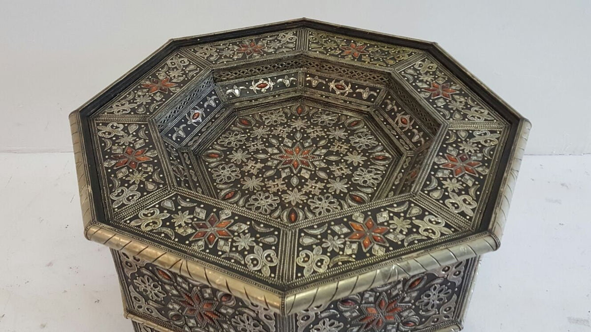 Vintage Moroccan Camel Bone Inlaid Table with Silver Accents