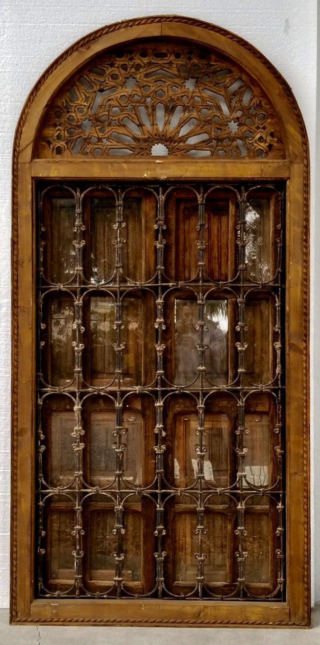Antique Jewish Moroccan Window, Wrought Iron Filigree, Stained Glass (88x43)
