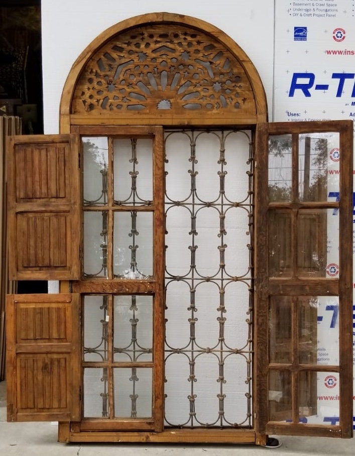 Antique Jewish Moroccan Window, Wrought Iron Filigree, Stained Glass (88x43)
