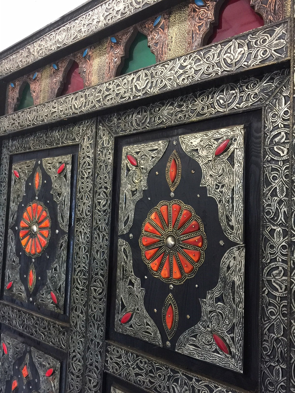 Handmade Camel Bone Inlaid Door: Vintage Middle Eastern Cedar & Silver Metal