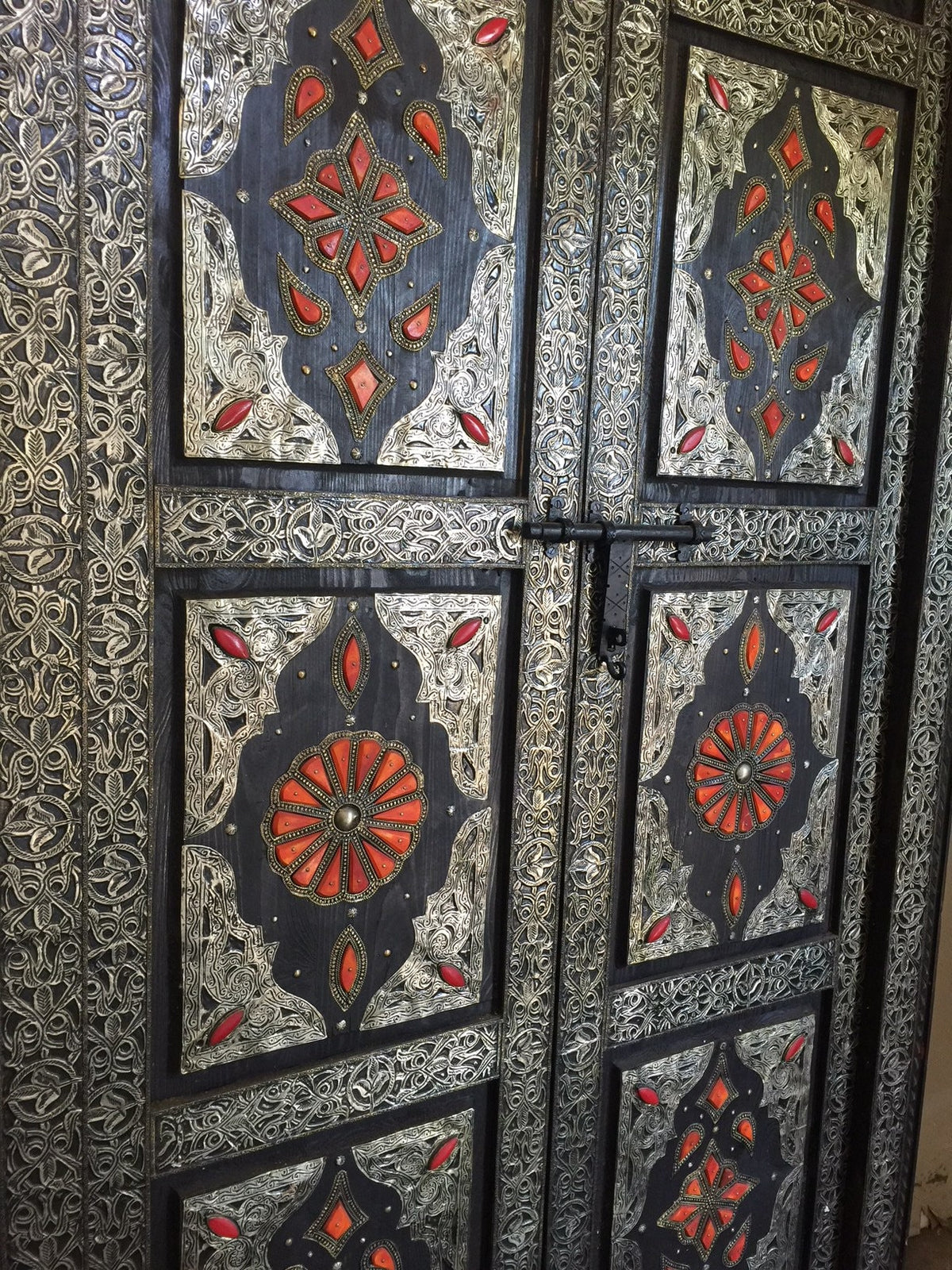 Handmade Camel Bone Inlaid Door: Vintage Middle Eastern Cedar & Silver Metal