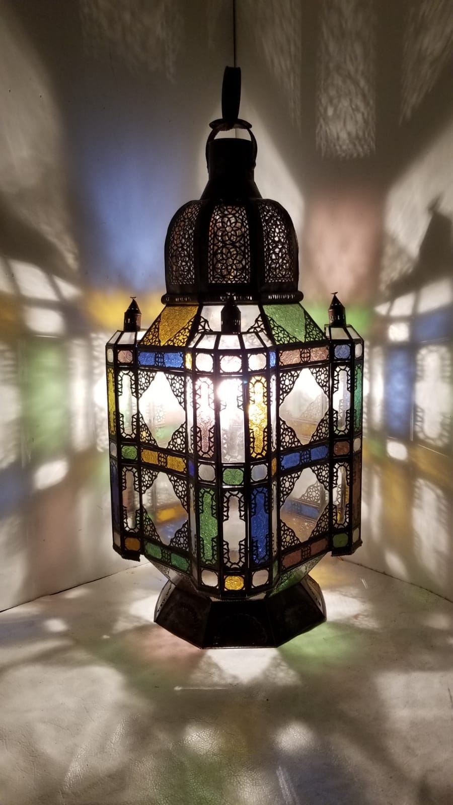 Large Vintage Moroccan Lantern, Rustic Green Stained Glass, Handmade Metal Lighting (42x16)
