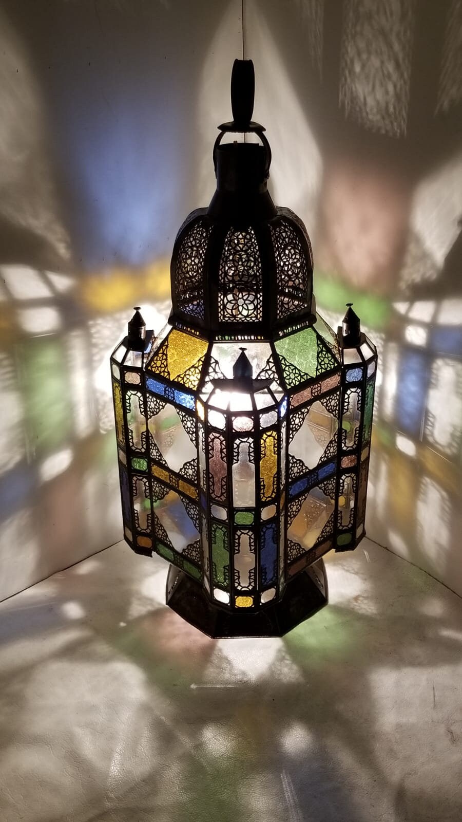 Large Vintage Moroccan Lantern, Rustic Green Stained Glass, Handmade Metal Lighting (42x16)
