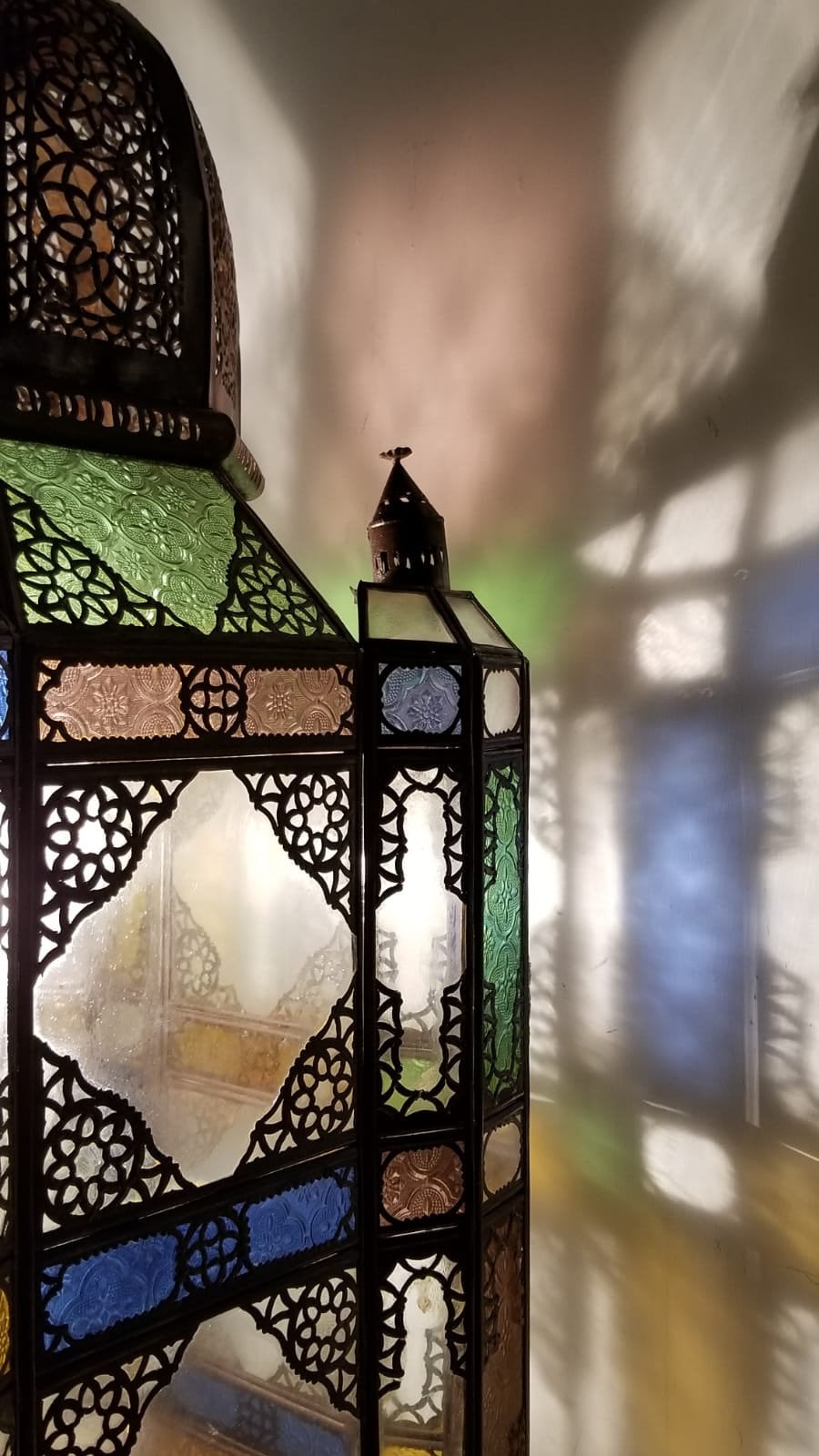 Large Vintage Moroccan Lantern, Rustic Green Stained Glass, Handmade Metal Lighting (42x16)