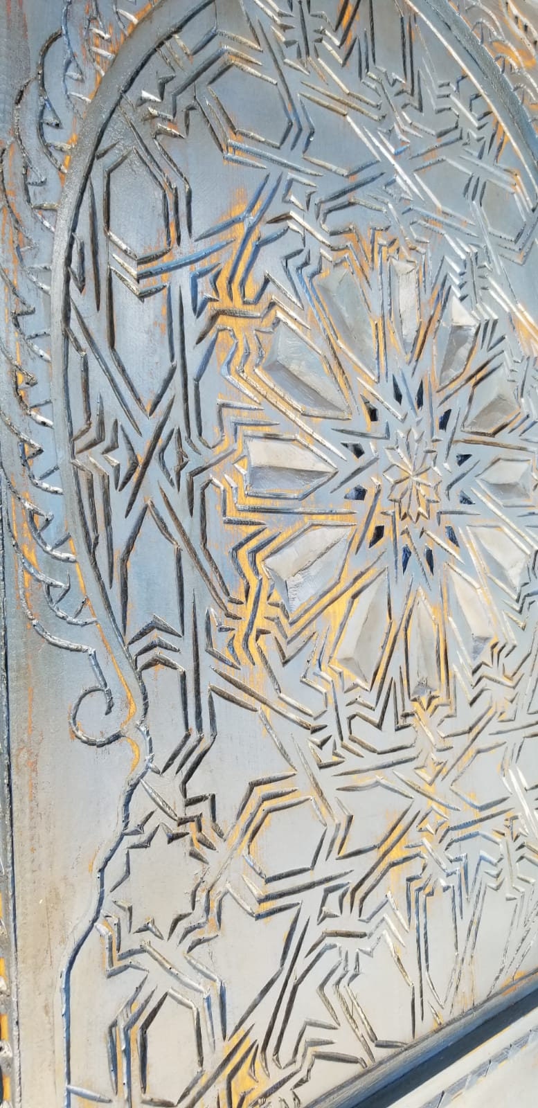 Handmade Moroccan Blue Carved Wood Door, Moorish Geometric Artwork