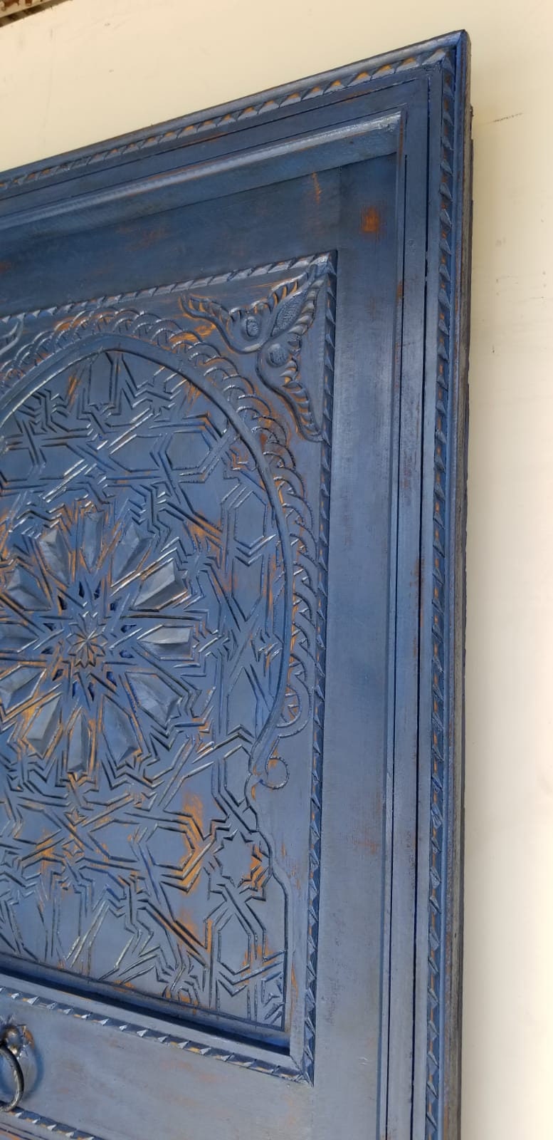 Handmade Moroccan Blue Carved Wood Door, Moorish Geometric Artwork