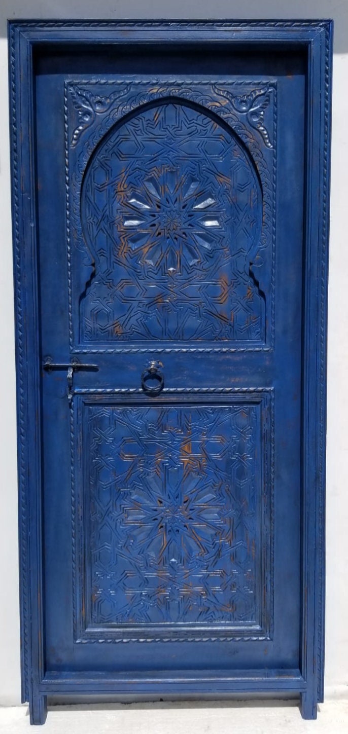 Handmade Moroccan Blue Carved Wood Door, Moorish Geometric Artwork