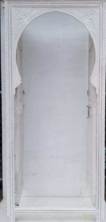Vintage Carved Cedar Double Door: White Moorish Style, Brass Hardware (84x45")
