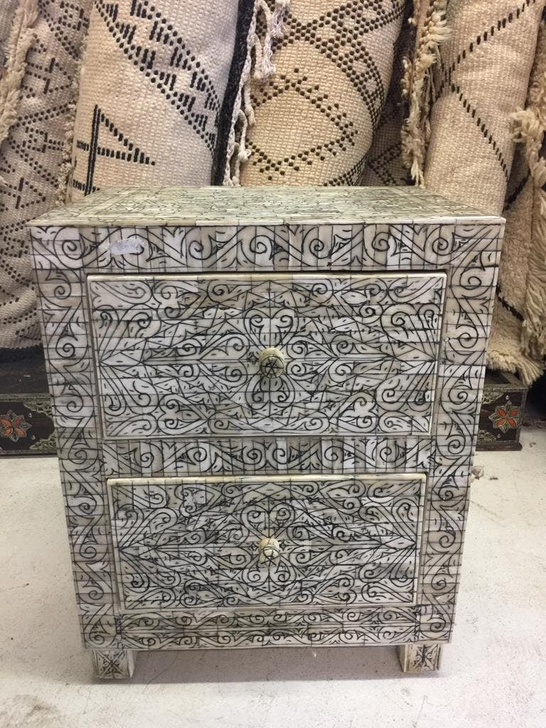 Handmade Moroccan Bone Inlay Nightstand: Sultan Style, 2-Drawer