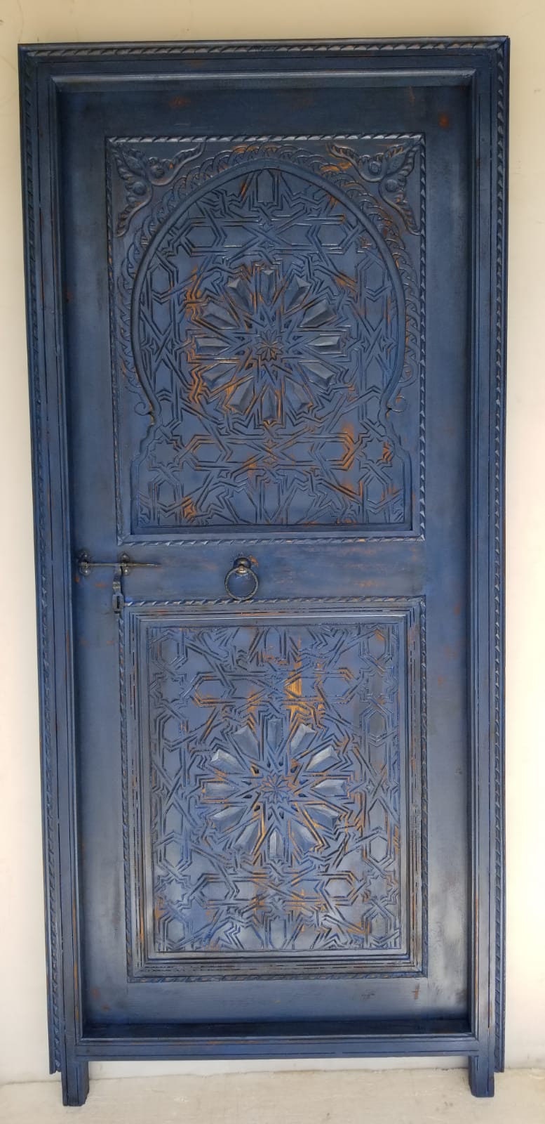 Handmade Moroccan Blue Carved Wood Door, Moorish Geometric Artwork