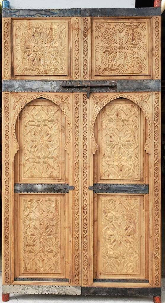 Hand-Carved Antique Moroccan Wooden Double Door | Traditional Geometric Islamic Architecture & Wall Panel Decor (104x49)