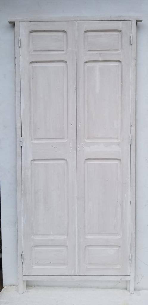 Vintage Carved Cedar Double Door: White Moorish Style, Brass Hardware (84x45")
