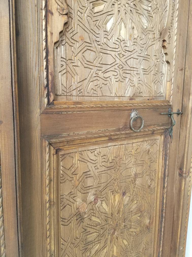 Hand Carved Moroccan Door: Geometric Moorish Woodwork, 79" x 29.5"