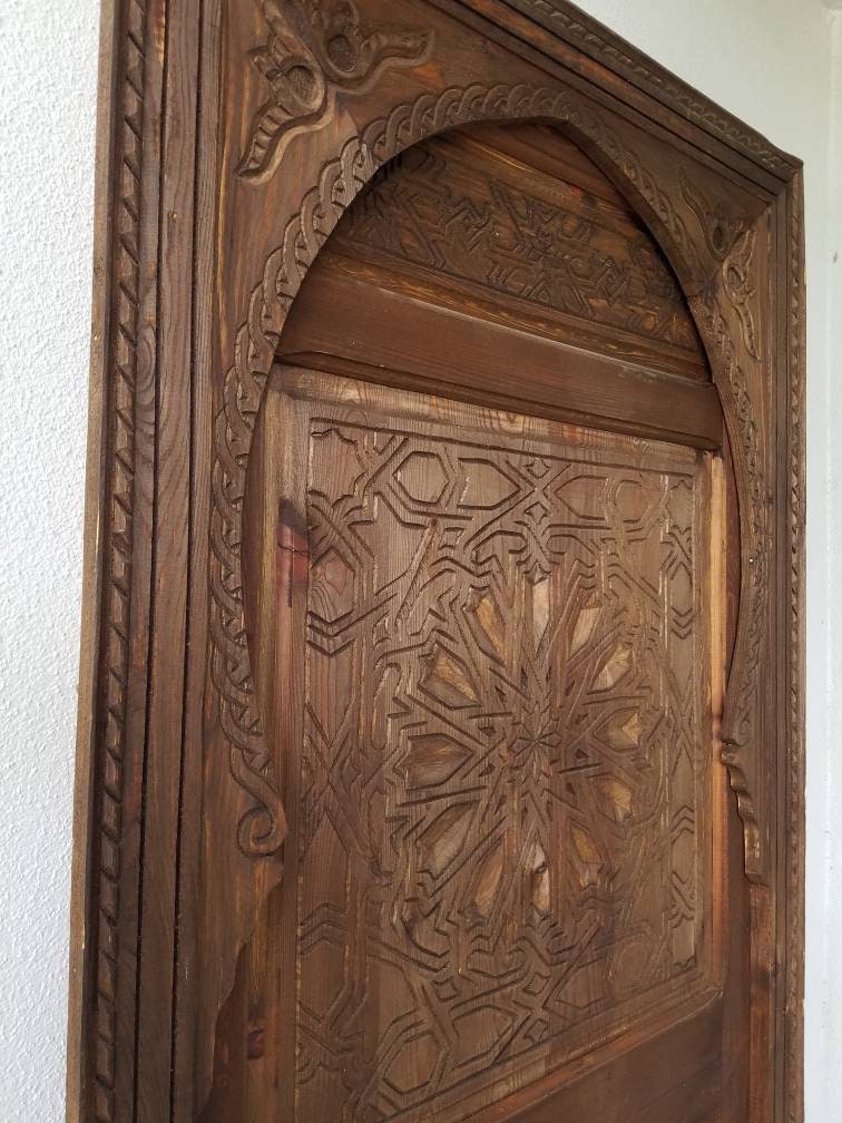Hand Carved Moroccan Door: Geometric Moorish Woodwork, 79" x 29.5"