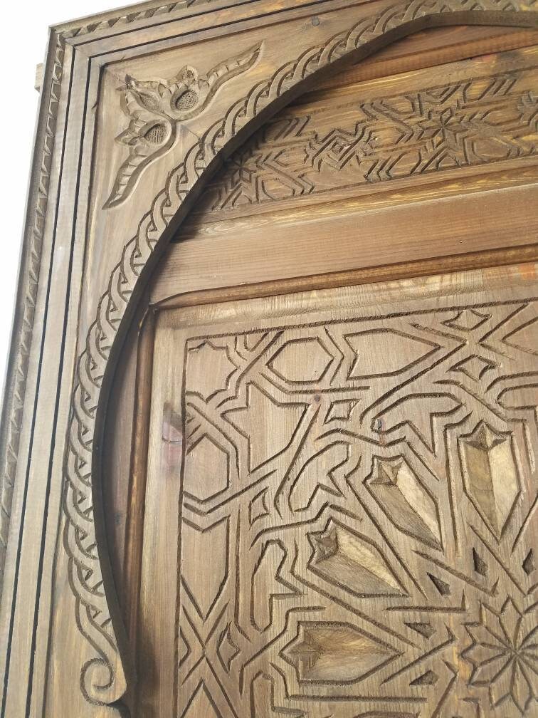 Hand Carved Moroccan Door: Geometric Moorish Woodwork, 79" x 29.5"