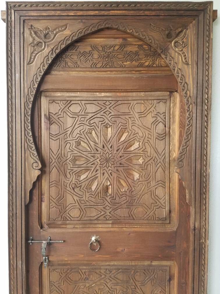 Hand Carved Moroccan Door: Geometric Moorish Woodwork, 79" x 29.5"