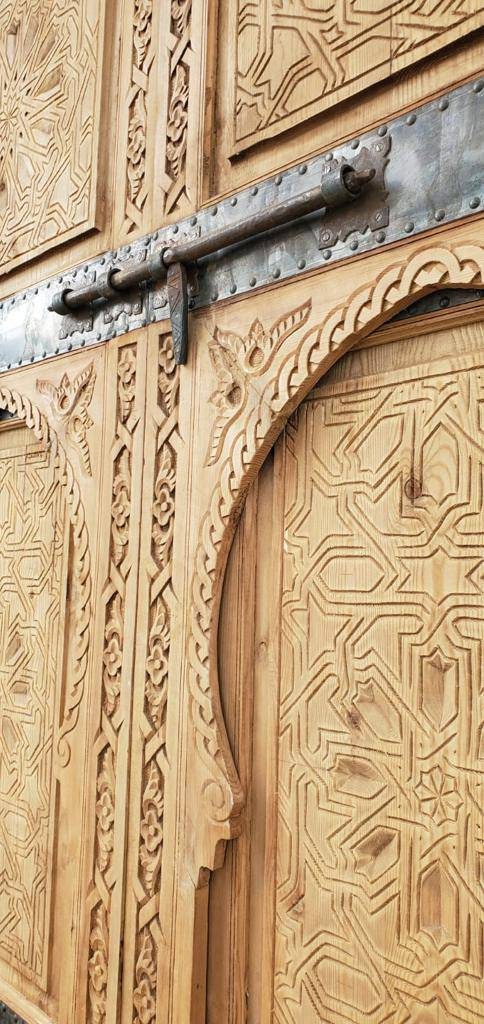 Hand-Carved Antique Moroccan Wooden Double Door | Traditional Geometric Islamic Architecture & Wall Panel Decor (104x49)