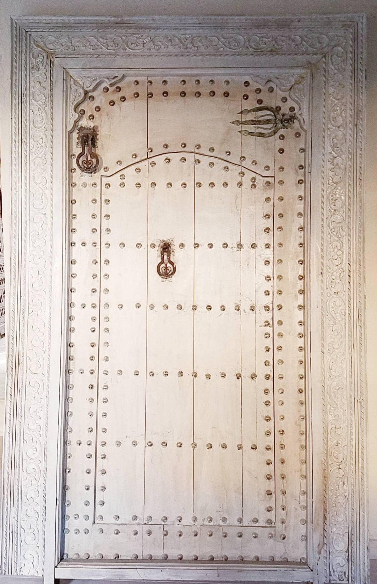 Hand Carved Moroccan Cedar Double Door, Metal Accents (84" x 57")