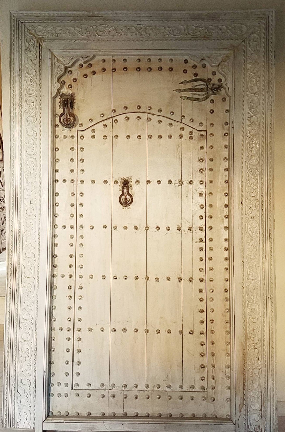 Hand Carved Moroccan Cedar Double Door, Metal Accents (84" x 57")