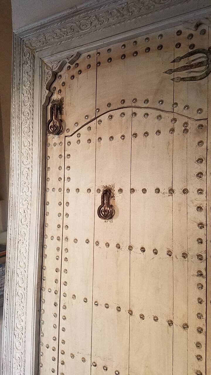 Hand Carved Moroccan Cedar Double Door, Metal Accents (84" x 57")
