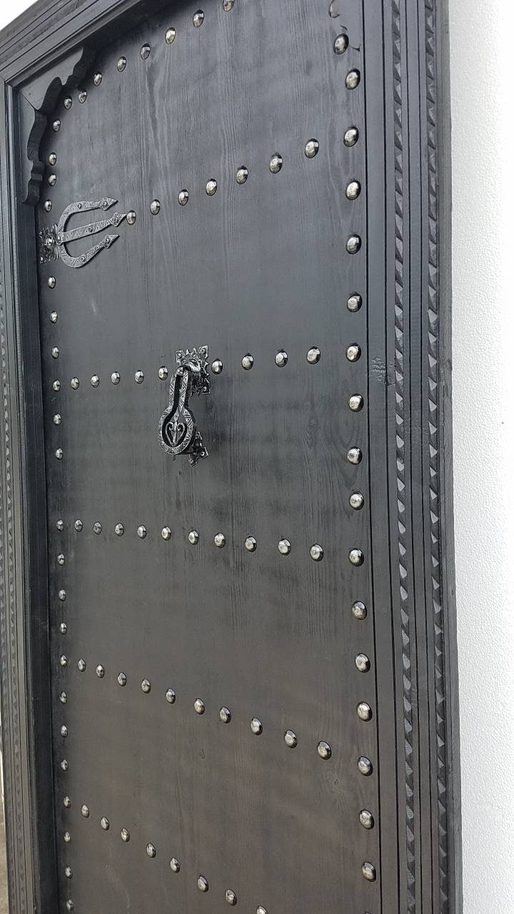 Handmade Black Moroccan Door, Riad Style with Metal Knocker (84x40)