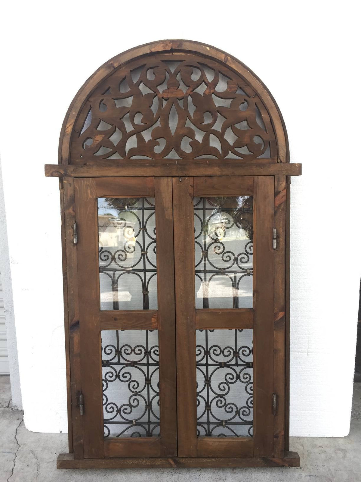 Moroccan Wrought Iron Filigree Window, Moorish Orange Stained Glass, 56x30