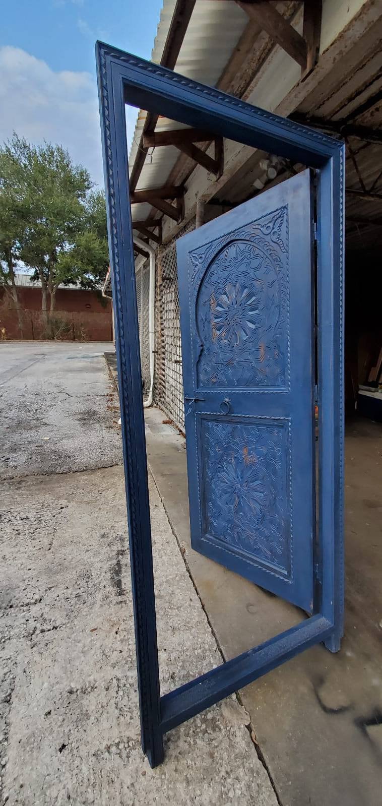 Handmade Moroccan Blue Carved Wood Door, Moorish Geometric Artwork