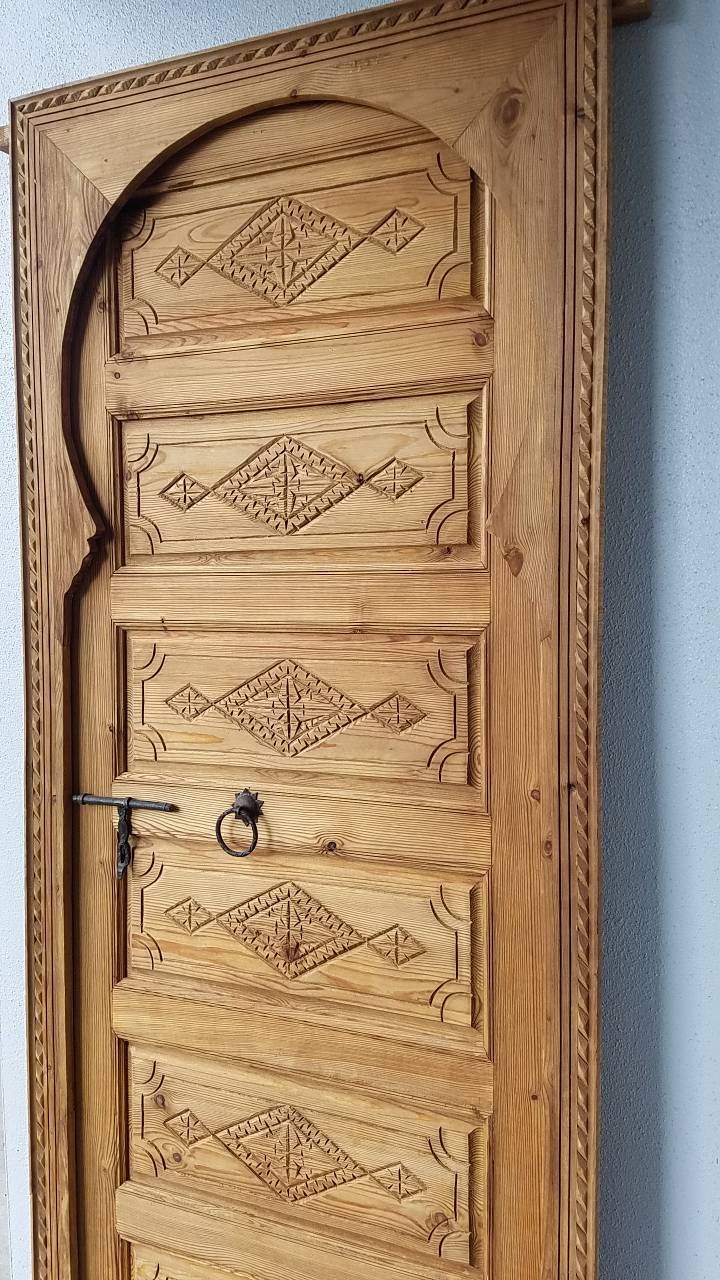 Handmade Carved Cedar Door: Vintage Berber, 80"x34"