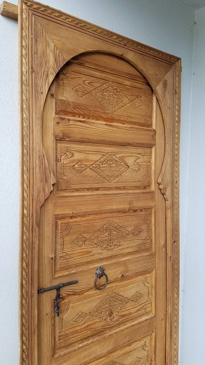 Handmade Carved Cedar Door: Vintage Berber, 80"x34"