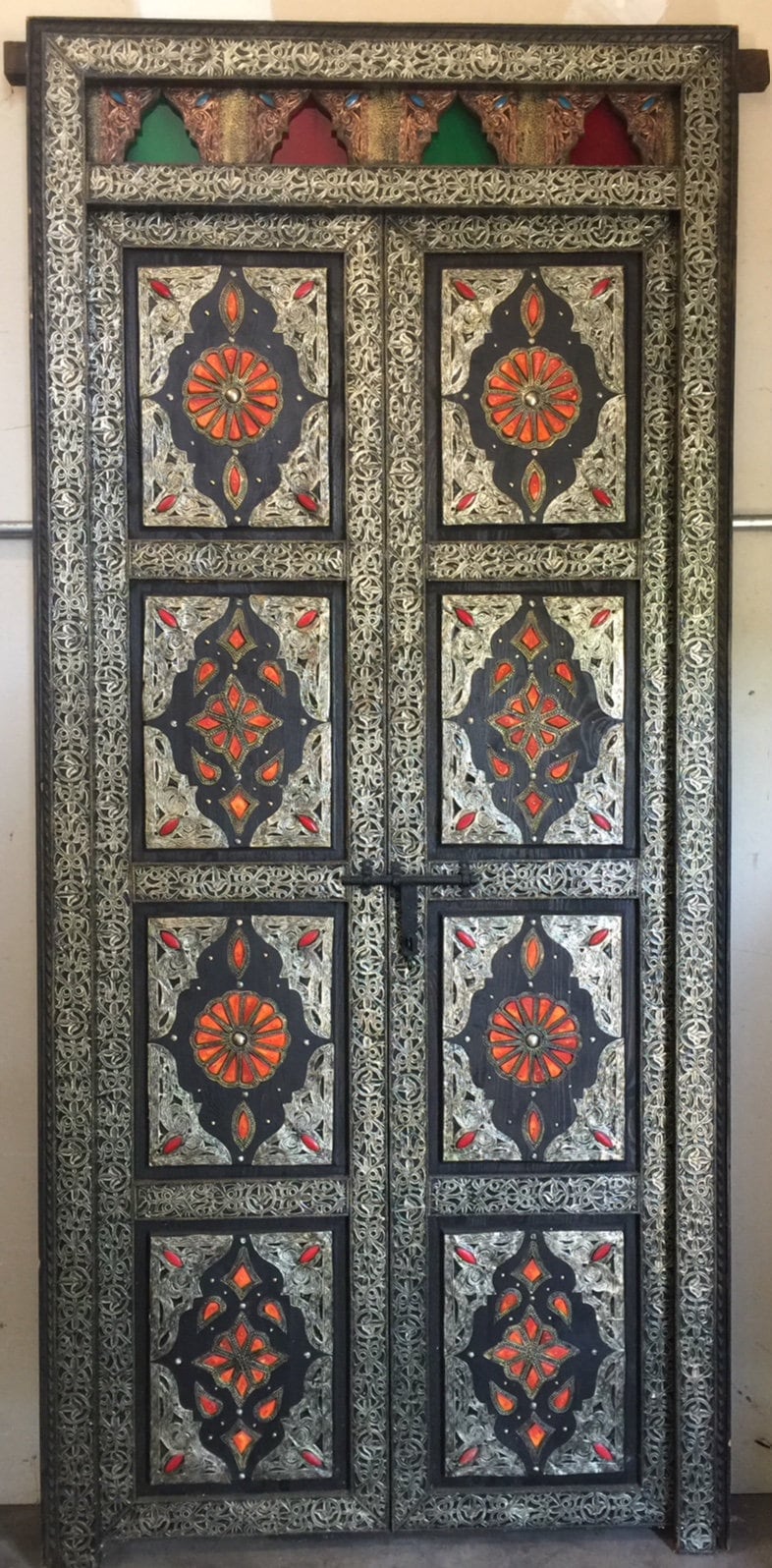 Handmade Camel Bone Inlaid Door: Vintage Middle Eastern Cedar & Silver Metal