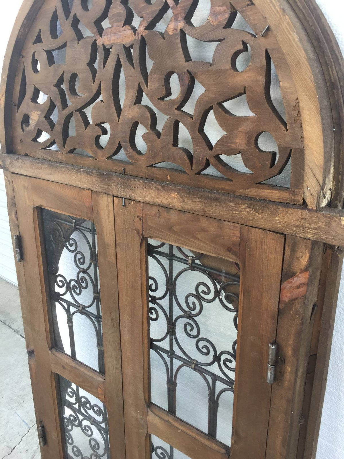 Moroccan Wrought Iron Filigree Window, Moorish Orange Stained Glass, 56x30