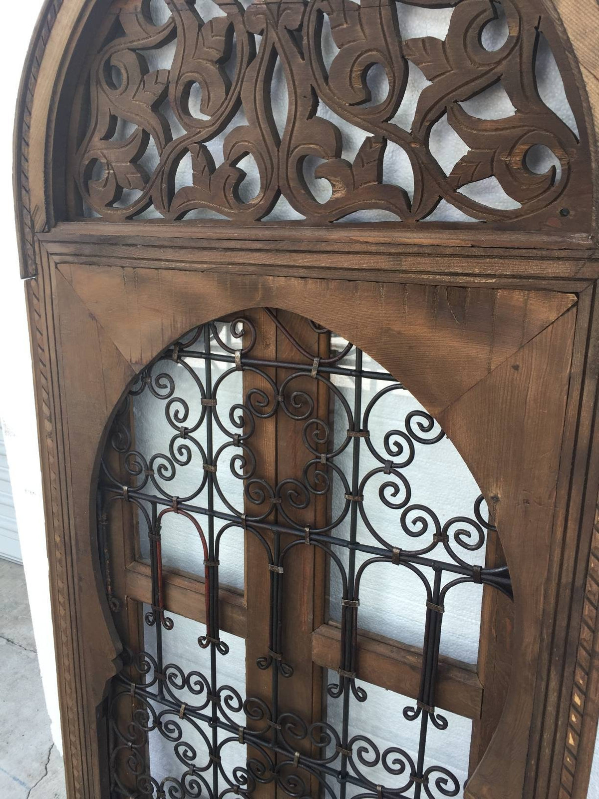 Moroccan Wrought Iron Filigree Window, Moorish Orange Stained Glass, 56x30