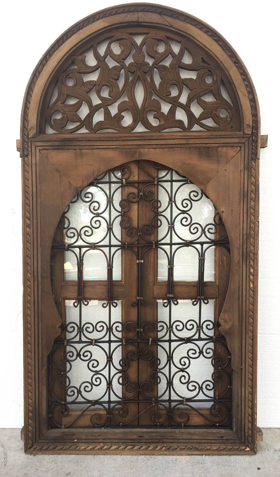 Moroccan Wrought Iron Filigree Window, Moorish Orange Stained Glass, 56x30