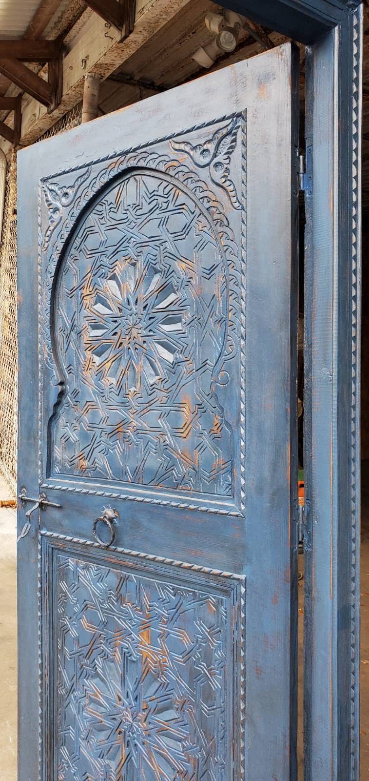 Handmade Moroccan Blue Carved Wood Door, Moorish Geometric Artwork
