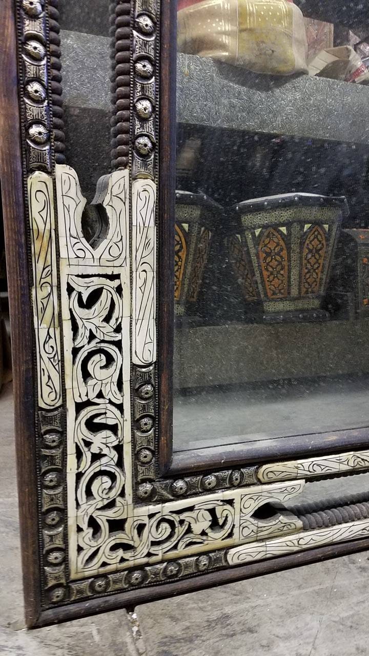 Moroccan Camel Bone Inlay Mirror, Moorish Design, Handcrafted Wood Frame (62.5 x 46.5)