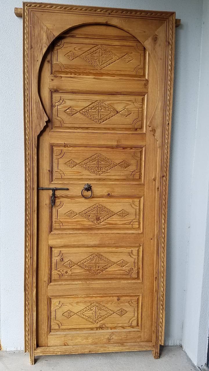 Handmade Carved Cedar Door: Vintage Berber, 80"x34"
