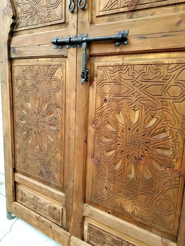 Hand-Carved Cedar Moorish Double Door: Moroccan Wood Panel Entryway Decoration