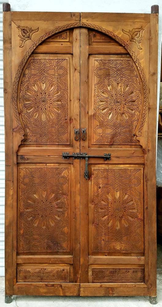Hand-Carved Cedar Moorish Double Door: Moroccan Wood Panel Entryway Decoration