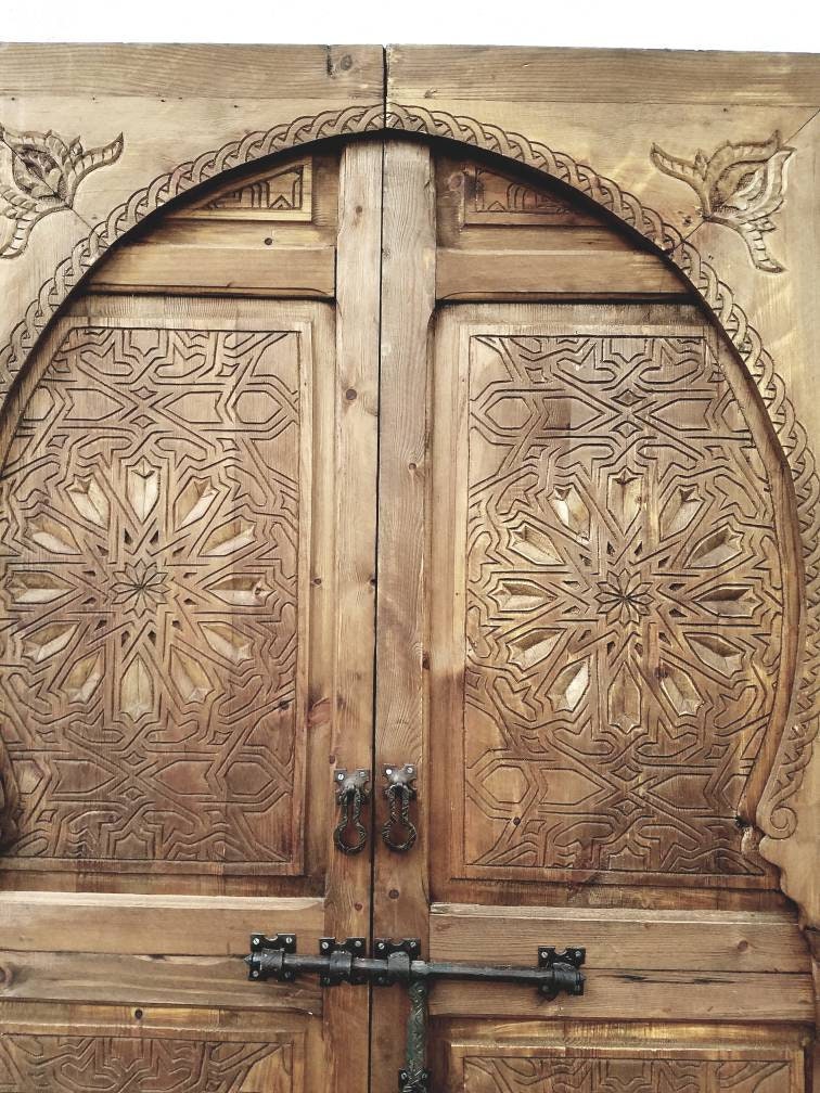 Hand-Carved Cedar Moorish Double Door: Moroccan Wood Panel Entryway Decoration