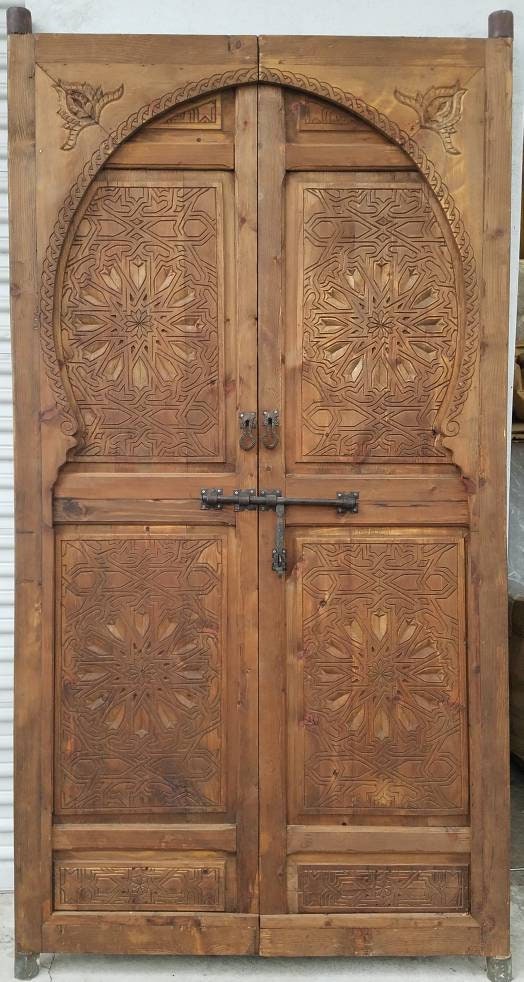 Hand-Carved Cedar Moorish Double Door: Moroccan Wood Panel Entryway Decoration