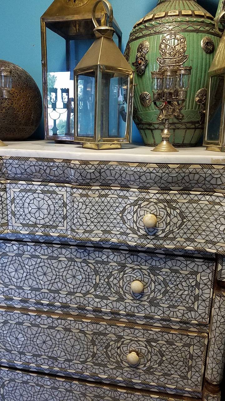 Inlaid Mother of Pearl Dresser, Moroccan Bone Chest of Drawers, Syrian Handcraft (55x45x23)