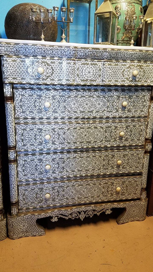 Inlaid Mother of Pearl Dresser, Moroccan Bone Chest of Drawers, Syrian Handcraft (55x45x23)