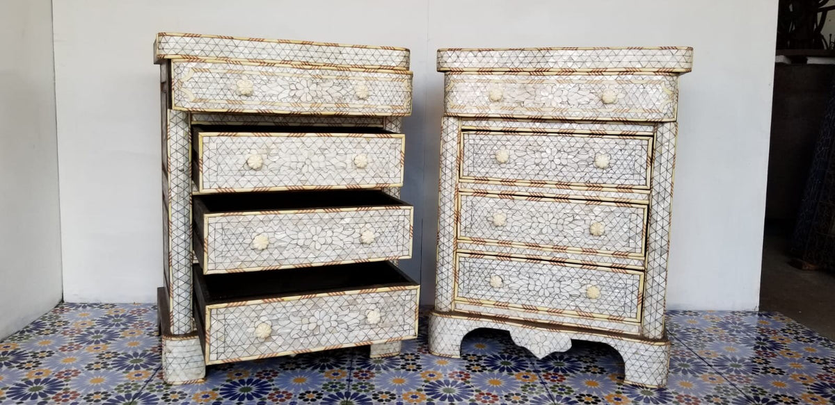Vintage Mother of Pearl Inlay Nightstands, Marble Top, Syrian Chest