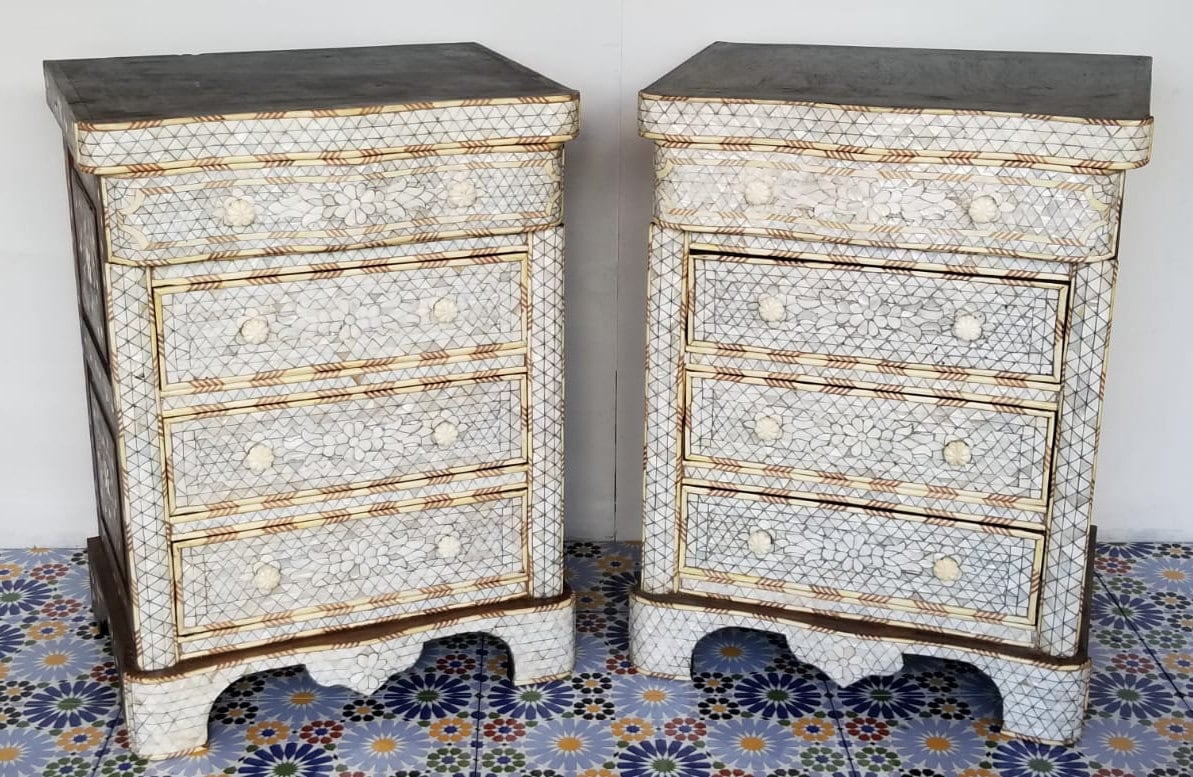 Vintage Mother of Pearl Inlay Nightstands, Marble Top, Syrian Chest