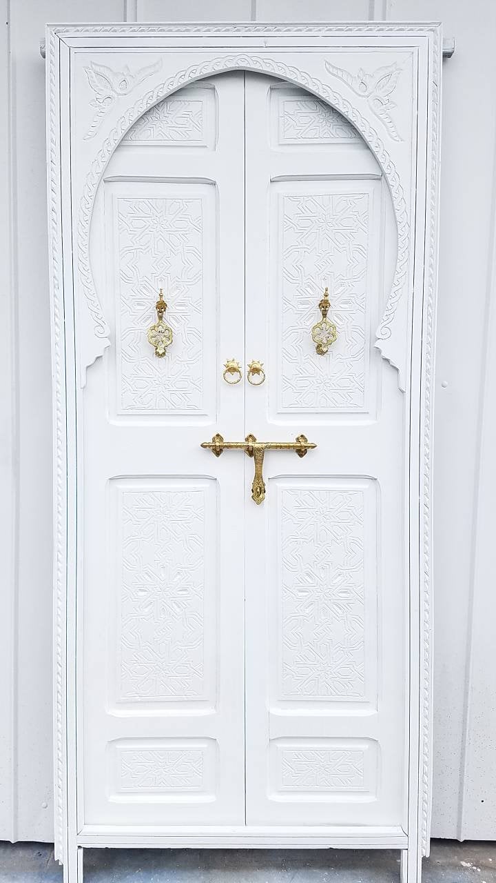Vintage Carved Cedar Double Door: White Moorish Style, Brass Hardware (84x45")