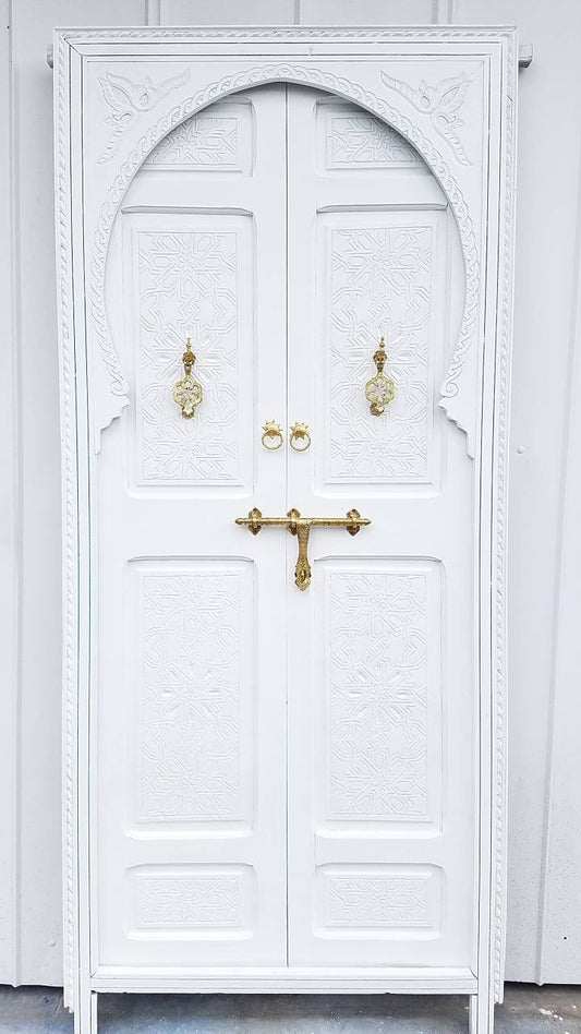 Vintage Carved Cedar Double Door: White Moorish Style, Brass Hardware (84x45")