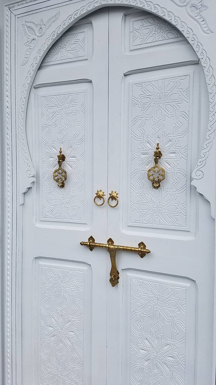 Vintage Carved Cedar Double Door: White Moorish Style, Brass Hardware (84x45")