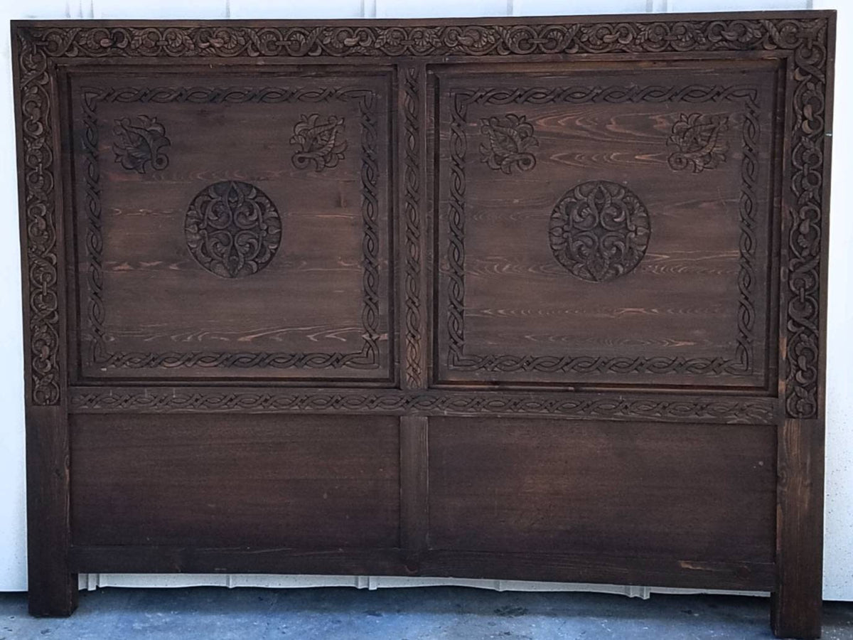 Handmade Carved Cedar Headboard - Vintage Moroccan Moorish Bed (67x51)
